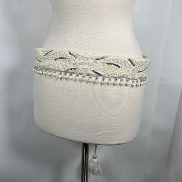 Piluca Bayarri Ibiza Tie Tassel Front Beaded Wide Obi Hip Belt OS Ivory Bohemian main image 4